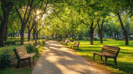 Fototapeta premium Green city park with benches, trees, and walking paths, urban oasis and outdoor space
