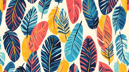 Colorful Stylized Feathers Pattern, Vibrant Mexican Art, Bright Color Palette, Tiling Design for Cultural Heritage