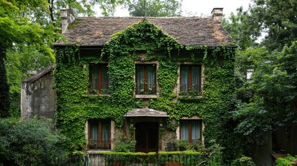 Green ivy-covered house, rustic and charming architecture, nature blending with urban life