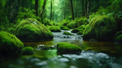 Obraz premium Green moss-covered rocks in a forest stream, peaceful and untouched nature, zen-like atmosphere