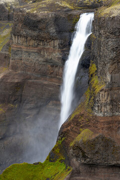 Iceland, Southern Highlands, Haifoss Waterfall. The Fossa River flowing over the cliffs, plunging 122 meters.