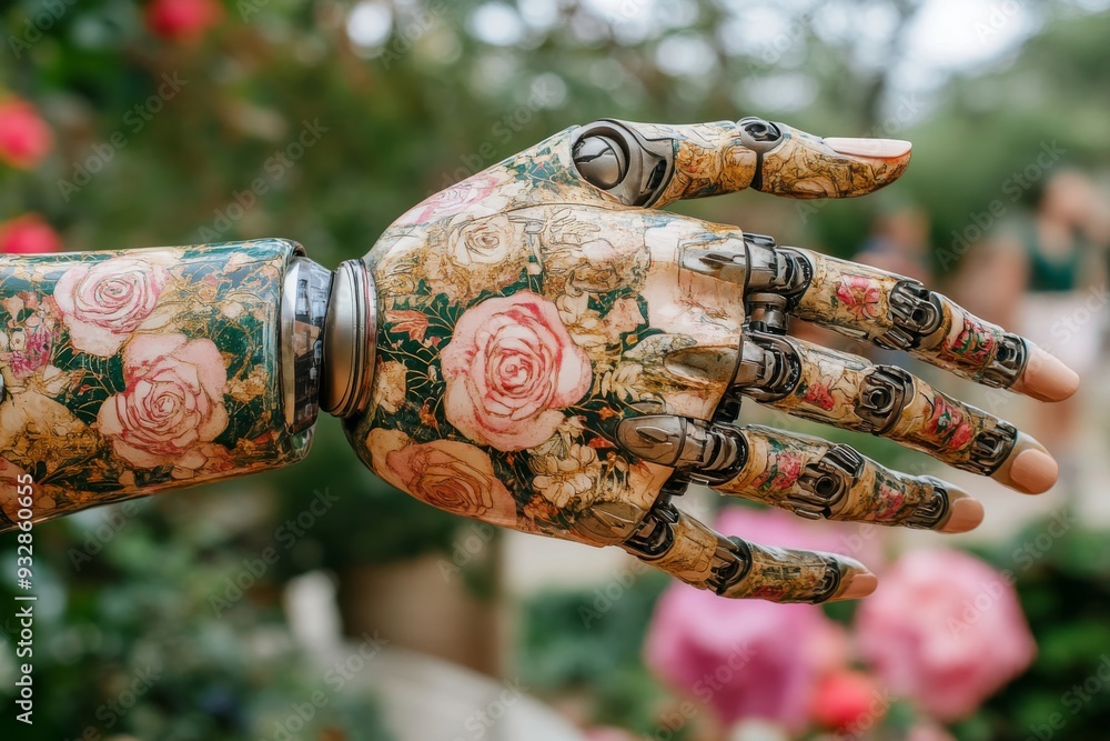 Aufkleber a close up of intricately designed robotic hands adorned with floral patterns symbolizing the fusion