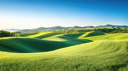 Obraz premium Green rolling hills under a clear blue sky, pastoral landscape, peaceful countryside