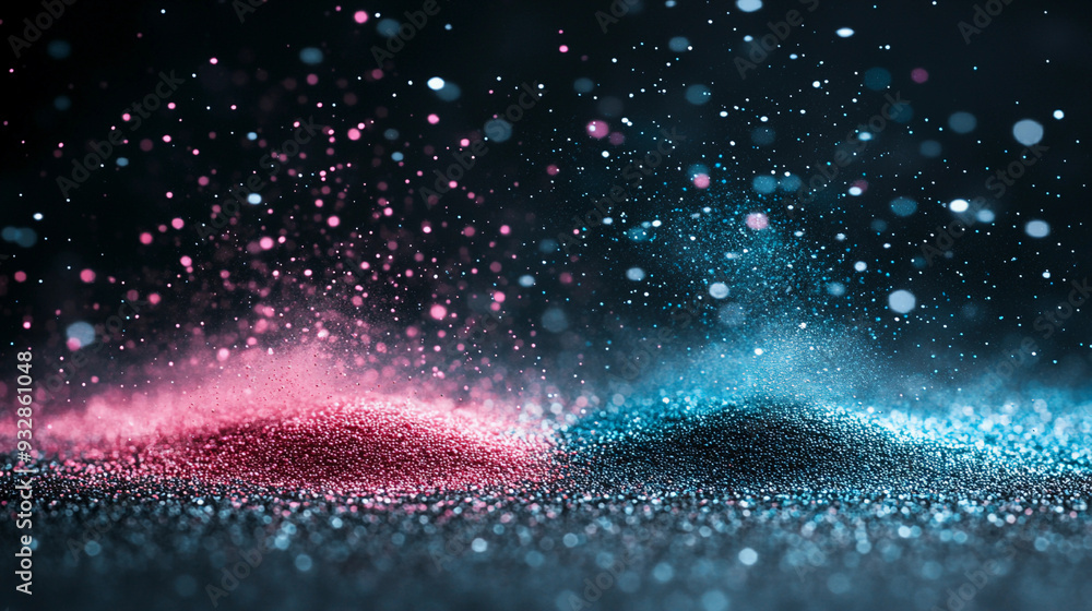 Poster colorful fine powders in pink and blue scatter against a dark backdrop, creating a mesmerizing, dyna