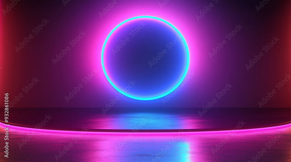 Poster The brightly illuminated neon circle casts reflections on a smooth surface, creating a striking visual atmosphere in a dimly lit room