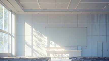 Fototapeta premium A minimalist space with white walls, a single desk at the front, and chairs stacked neatly in the corner