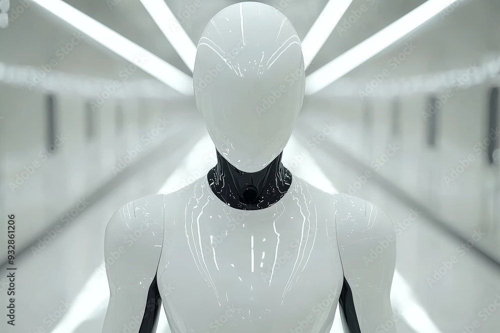 Poster futuristic white humanoid robot standing in a brightly lit corridor symbolizing advanced ai technolo