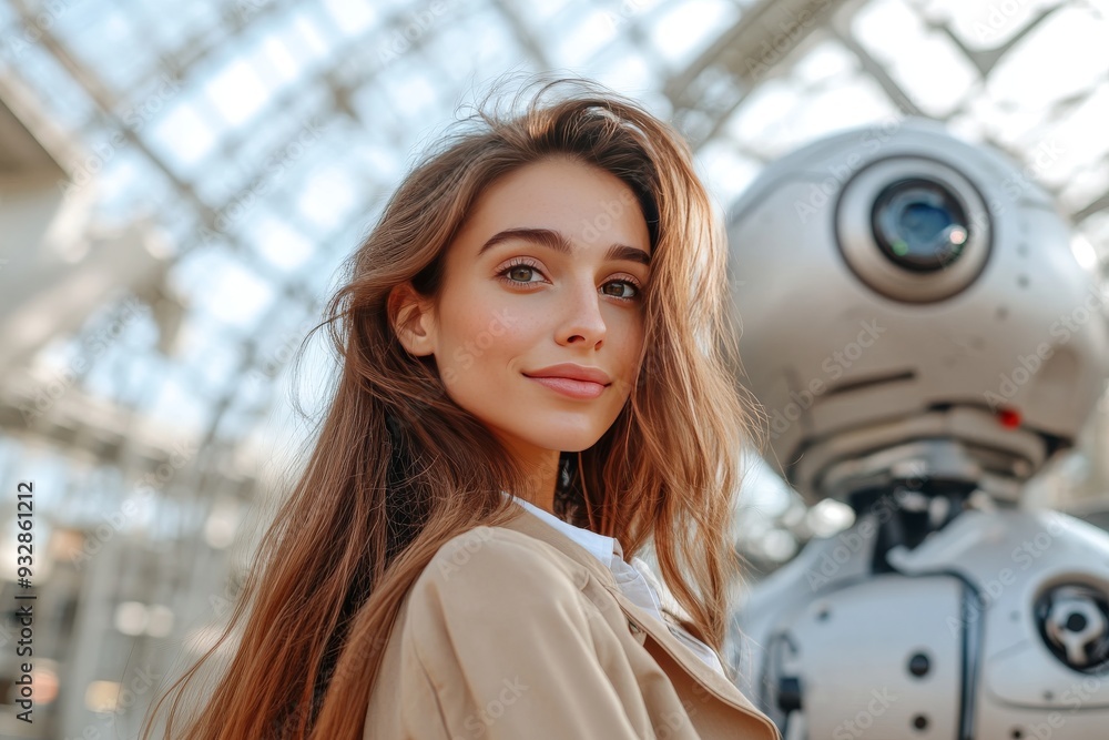 Poster young woman smiling while standing beside a friendly humanoid robot in a bright sunlit atrium repres