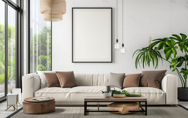 A frame mockup showcasing an ISO A paper size poster on a living room wall. The interior mockup features a modern house background, highlighting contemporary design elements and providing a realistic 