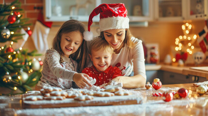 Happy family mother and kids in aprons making Christmas cookies together while cooking in kitchen at home. smiling children helping mom to decorate xmas gingerbreads during winter holidays.