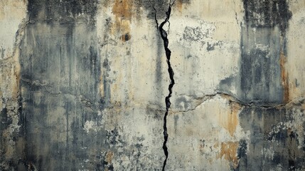 Old cement wall with a large crack running vertically, aged and distressed, industrial feel
