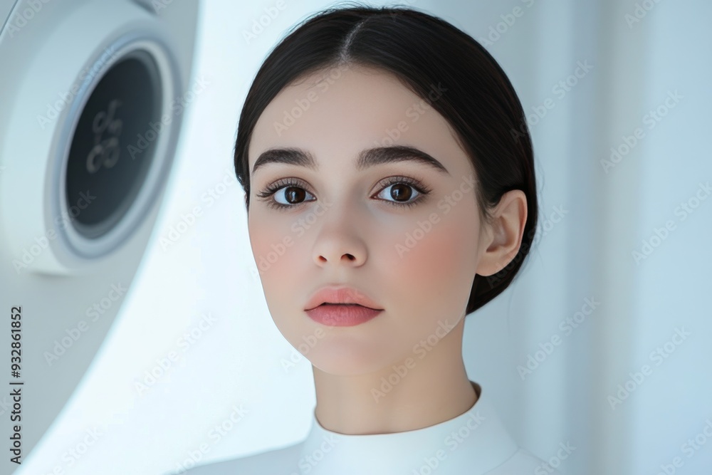 Poster portrait of a young woman with an ai assistant in a futuristic minimalist setting showcasing the sea