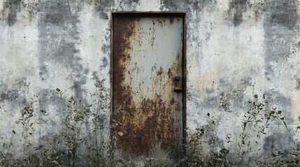 Old cement wall with a rusty metal door frame, rugged and decayed, urban industrial atmosphere