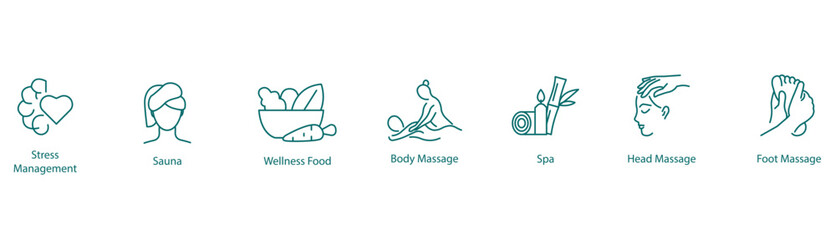 Vector Icons Set: Stress Management, Sauna, Wellness Food, Body Massage, Spa, Head Massage, Foot Massage