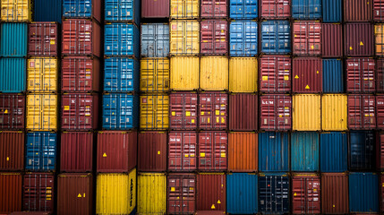A vibrant assortment of stacked shipping containers fills the cargo yard under clear blue skies, showcasing their varied colors and organized alignment