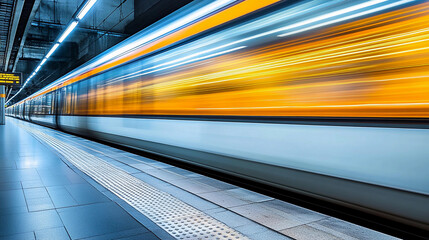 A train speeds past at an urban subway station, blurring lights showing the rush of commuters during peak travel time