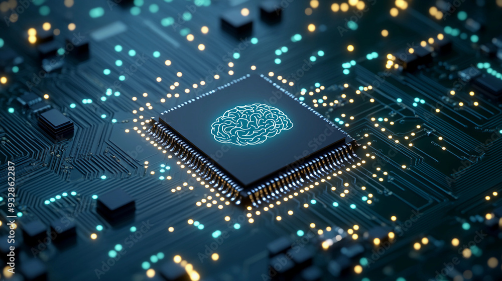 Poster a detailed microchip features a glowing brain design amid illuminated circuitry, showcasing advanced