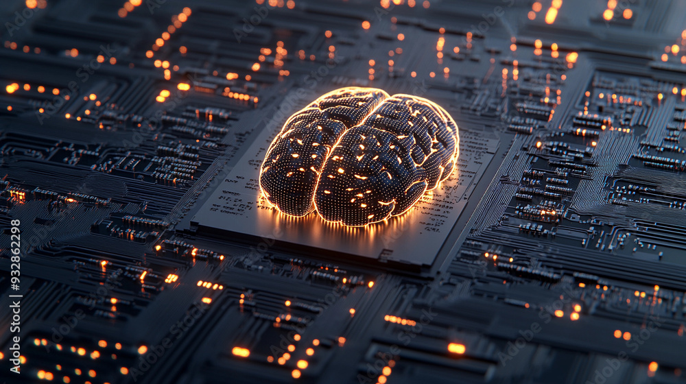 Poster a glowing brain sits atop a detailed circuit board, representing the connection between technology a