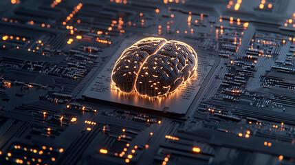 A glowing brain sits atop a detailed circuit board, representing the connection between technology and artificial intelligence during nighttime