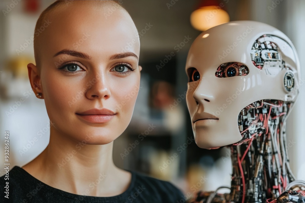 Poster close up of a female cyborg with exposed mechanical elements portraying the intricate fusion of huma