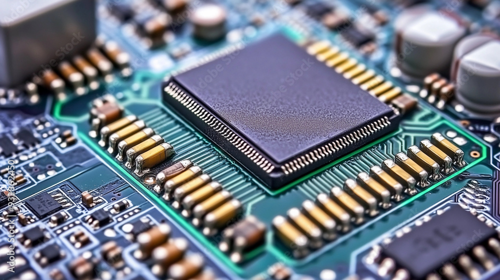 Poster a detailed look at a microchip surrounded by soldered connections on a circuit board in a technology