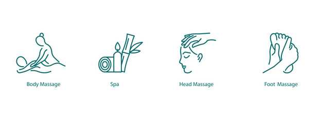 Vector Icons Set: Body Massage, Spa, Head Massage, Foot Massage