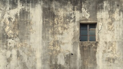 Old cement wall with a single small window, rustic and worn-down structure, minimalistic