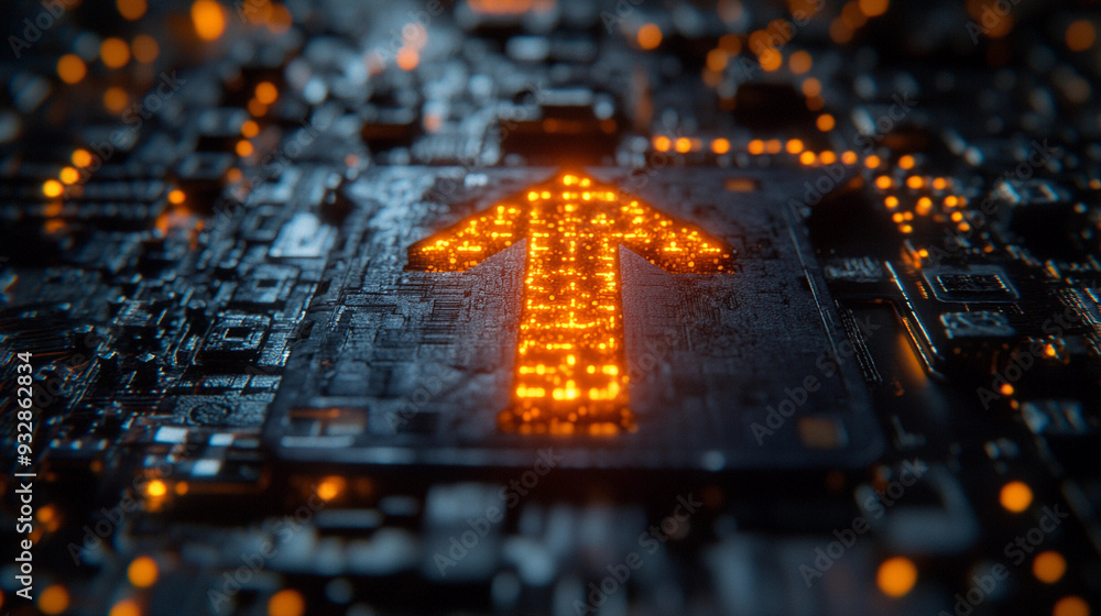 Poster an illuminated arrow glows on a dark circuit board, emphasizing direction and connectivity in modern