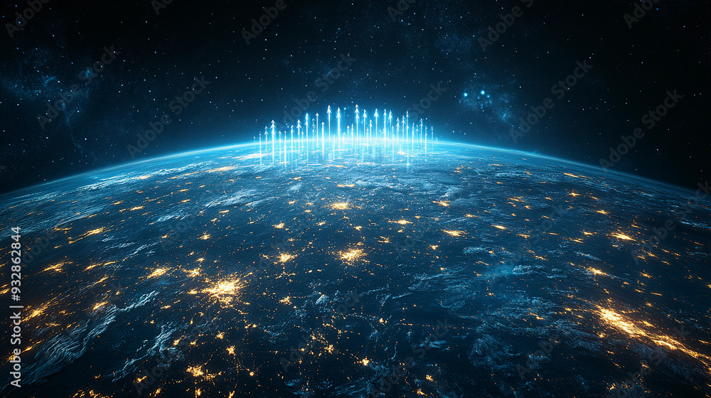 Aufkleber earth is visible from space with glowing city lights and a digital display of signals rising into th
