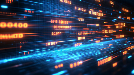 Bright binary code streams rapidly through a digital space, illustrating the movement of data in a modern technological landscape