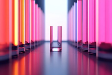 Fototapeta premium A captivating scene of test tubes illuminated in vibrant colors, creating a mesmerizing atmosphere in a laboratory setting.