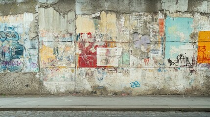 Fototapeta premium Old cement wall with layers of graffiti tags, street art over time, urban cultural history