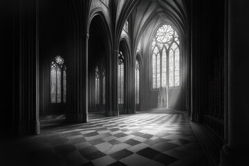 Fototapeta premium An intricate engraving of a Gothic cathedral, emphasizing the detailed architecture and stained glass windows