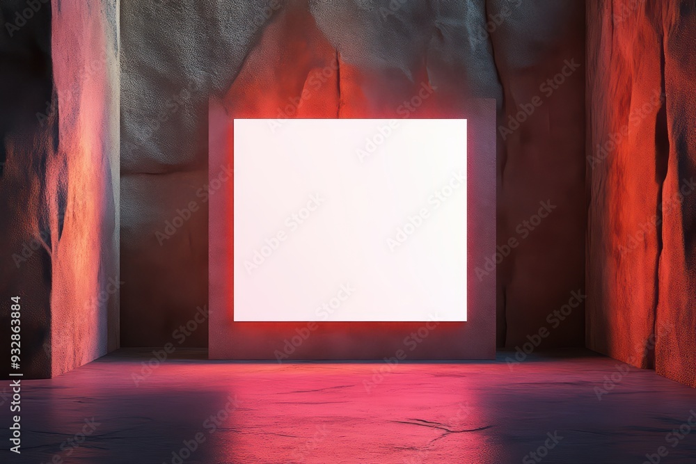 Poster a modern illuminated square frame in a rocky environment, creating an atmosphere of creativity and i