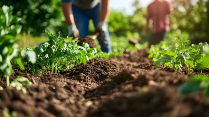 Farmers Diligently Preparing Nutrient Rich Organic Soil for Planting a Bountiful Vegetable Garden