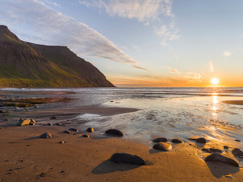Sunset at the coast of Skalavik. The Westfjords (Vestfirdir) in Iceland.