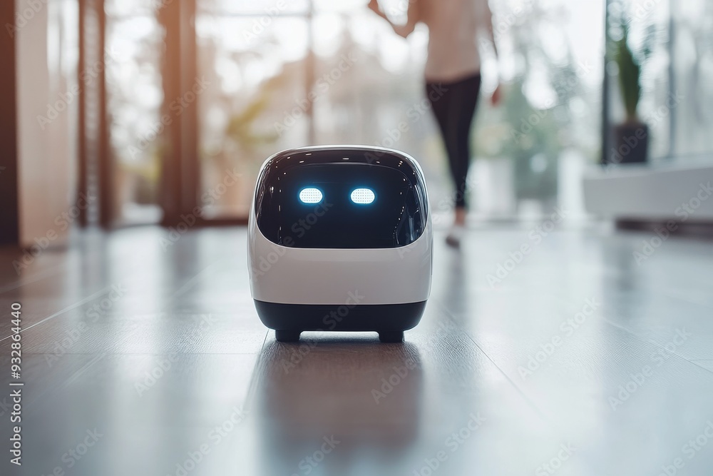 Poster small round robot rolling along a bright spacious room exemplifying the integration of ai assistants