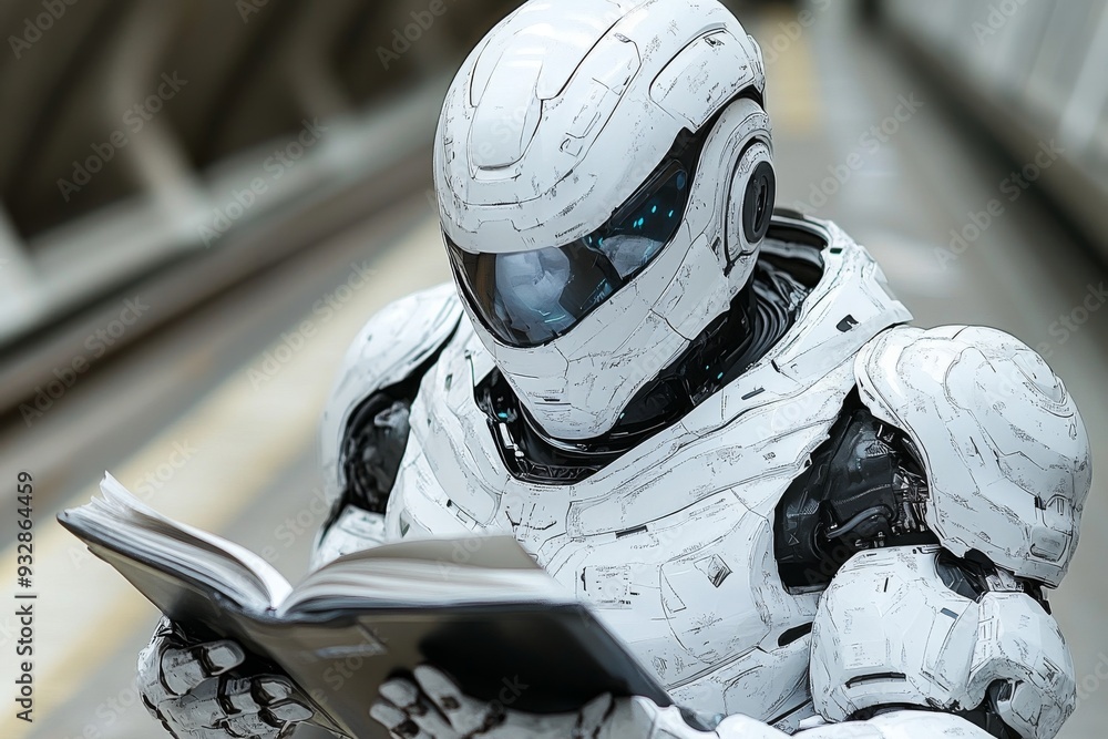 Poster armored humanoid robot reading a book in a contemplative pose reflecting the blend of artificial int