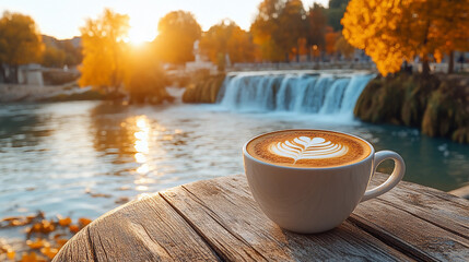 A cup of coffee sits on a wooden table beside a flowing river, surrounded by vibrant autumn foliage as the sun sets