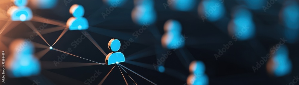 Poster abstract representation of a network featuring connected profiles in blue tones, symbolizing communi