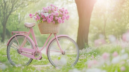 Fototapeta premium Pink bicycle with a basket of flowers, charming and vintage, leisurely ride through the park