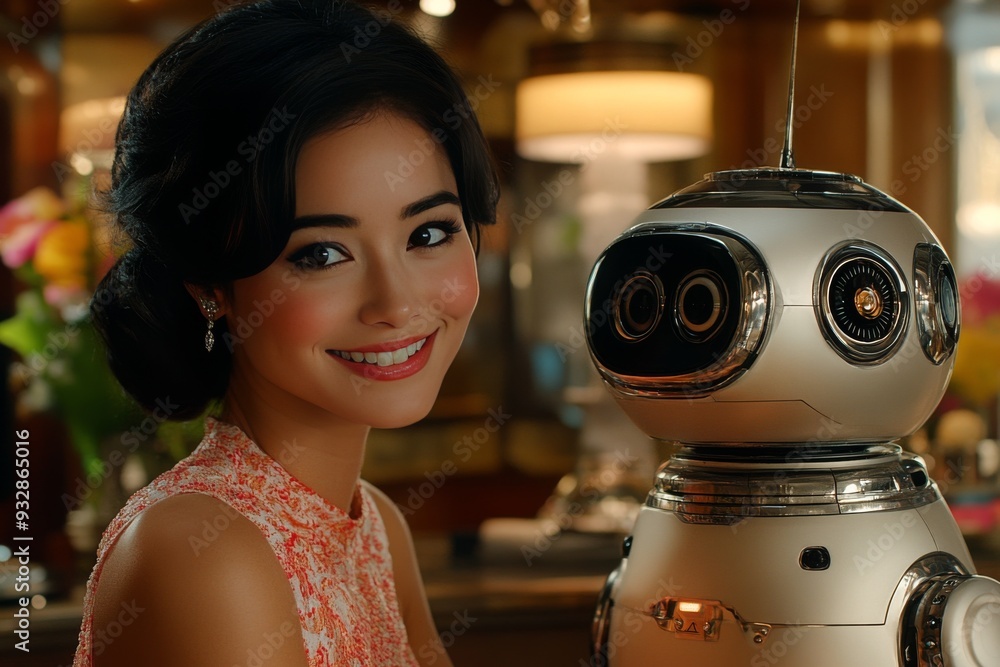 Aufkleber smiling woman posing next to a small friendly robot in a warm intimate indoor setting representing t