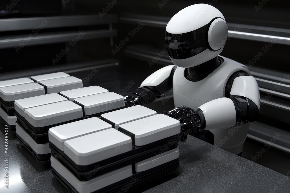 Poster humanoid robot in a sleek black and white industrial setting meticulously organizing equipment symbo