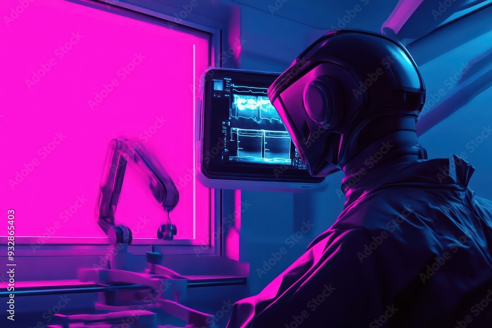 Poster futuristic robot working in a high-tech lab, featuring vibrant colors and advanced technology. captu