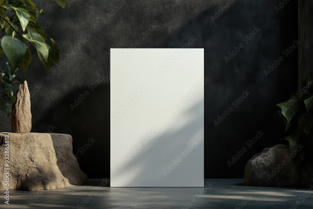 Poster minimalistic design featuring a blank canvas surrounded by natural elements, perfect for creative pr