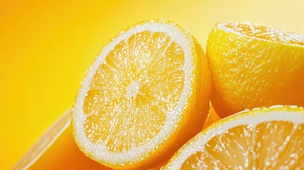 Close-up of fresh lemon slices against a bright yellow background, showcasing citrus texture and vibrant color for refreshing summer vibes.