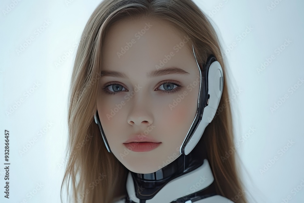 Poster woman with cybernetic enhancements gazing into the distance in minimalistic futuristic environment s