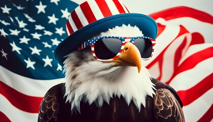Portrait of a bald eagle wearing a American stars and stripes patriotic sunglasses. 4th July holiday