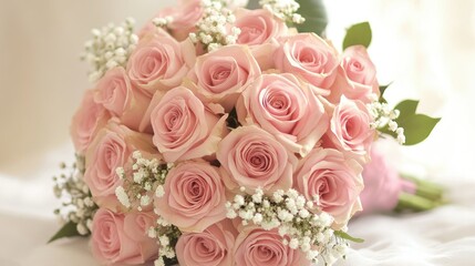 Obraz premium Pink roses in a bridal bouquet, romantic and elegant, wedding floral arrangement