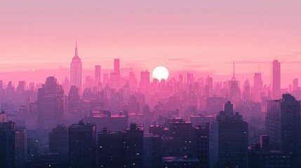 Pink sunset over a city skyline, peaceful and serene urban landscape, pastel evening light -